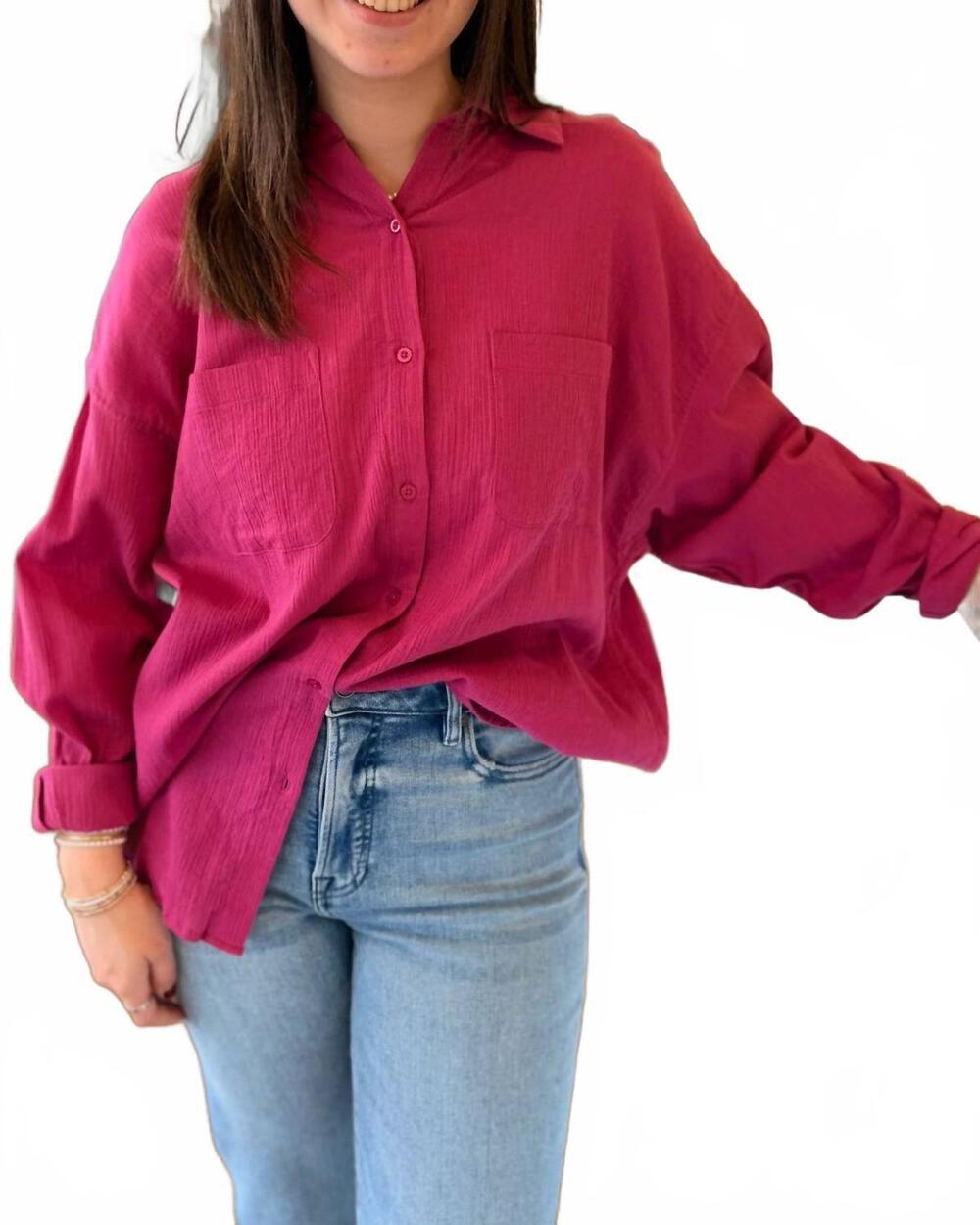 NEW Z SUPPLY greer button down top in berry pink